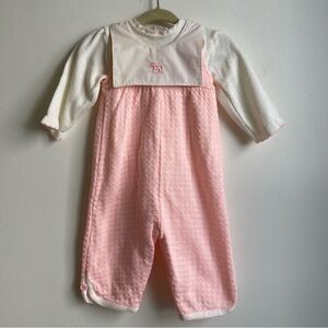 Vintage Infant Girls Knit Romper + Shirt Set Rockinghorse Pink White 3 - 6 Month